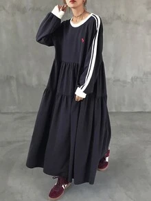FRIFUL Vestido Smock con Manga Raglán y Cinta de Contraste Otoño - Azul Marino - Ver 5