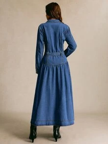 CielaLinda Gaun Denim dengan Kerah Berlipat, Kancing Depan, dan Sabuk D-Ring - Biru - View 2