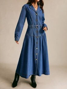 CielaLinda Gaun Denim dengan Kerah Berlipat, Kancing Depan, dan Sabuk D-Ring - Biru - View 4