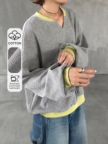 FRIFUL Women's Early Autumn New Korean Style Colorblock Waffle Fabric Loose Sweatshirt - Grey - View 1