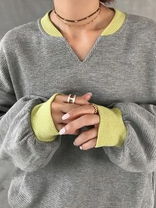 FRIFUL Women's Early Autumn New Korean Style Colorblock Waffle Fabric Loose Sweatshirt - Grey - View 3