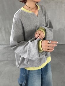FRIFUL Women's Early Autumn New Korean Style Colorblock Waffle Fabric Loose Sweatshirt - Grey - View 8