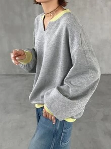 FRIFUL Women's Early Autumn New Korean Style Colorblock Waffle Fabric Loose Sweatshirt - Grey - View 5