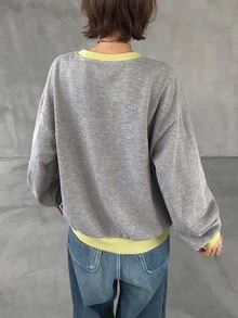FRIFUL Women's Early Autumn New Korean Style Colorblock Waffle Fabric Loose Sweatshirt - Grey - View 2