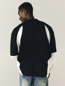 SUMWON Camiseta de equipo oversized con bloques de color, estampado de letra cursiva y gráfico del número 26, cuello redondo y manga corta - Negro - Ver 6