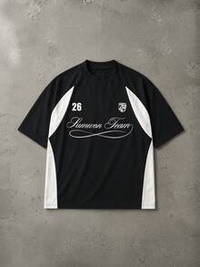 SUMWON Camiseta de equipo oversized con bloques de color, estampado de letra cursiva y gráfico del número 26, cuello redondo y manga corta - Negro - Ver 2