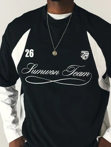 SUMWON Camiseta de equipo oversized con bloques de color, estampado de letra cursiva y gráfico del número 26, cuello redondo y manga corta - Negro - Ver 5
