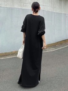 FRIFUL Women's Korean Style Solid Color Long Dress For Autumn - Black - View 7