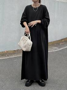 FRIFUL Women's Korean Style Solid Color Long Dress For Autumn - Black - View 9