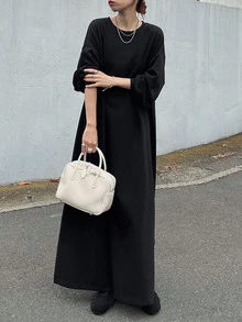 FRIFUL Women's Korean Style Solid Color Long Dress For Autumn - Black - View 4
