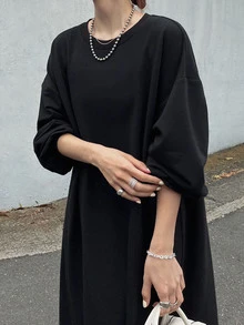 FRIFUL Women's Korean Style Solid Color Long Dress For Autumn - Black - View 6