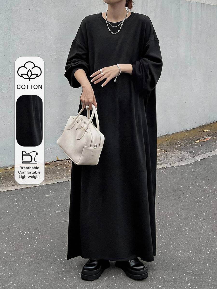 FRIFUL Women's Korean Style Solid Color Long Dress For Autumn - Black - View 1