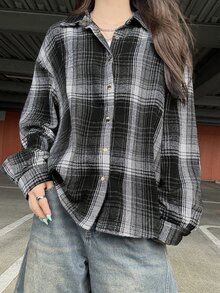 FRIFUL Women's Early Autumn New Korean Style Plaid Loose Long Sleeve Shirt - Black - View 2