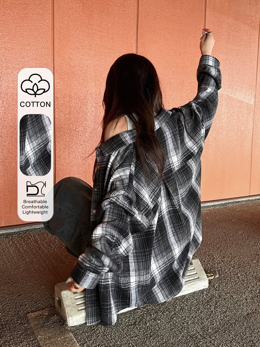 FRIFUL Women's Early Autumn New Korean Style Plaid Loose Long Sleeve Shirt - Black - View 1