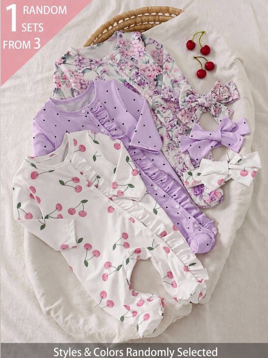 1pc Newborn Long Sleeve Footed Romper With Cute Bow & Floral Pattern, Soft & Comfortable, Simple & Versatile, Suitable For All Seasons, Perfect Gift For Newborns, Home Wear, Versatile Choice - Multicolor - View 1