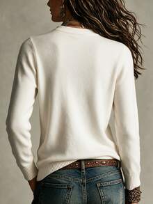 SHEIN Fall Minimalist Notch V Neck Solid Long Sleeve Knit Top - White - View 2