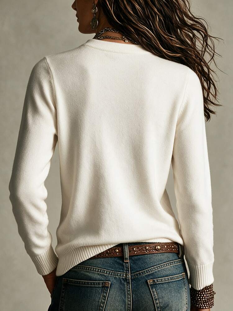 SHEIN Fall Minimalist Notch V Neck Solid Long Sleeve Knit Top - White - View 2