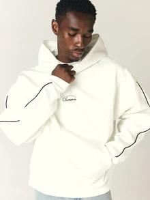 SUMWON Moletom com Capuz Oversized com Vivos Contrastantes nas Mangas, Estampa de Logo, Bolso Central, Aconchegante, Casual, Essencial de Inverno - Branco - Visão 7