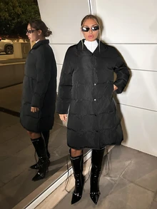 SHEIN ICON 女士休闲保暖纽扣式长袖立领长款夹棉外套（秋季） - 黑色 - 查看 8
