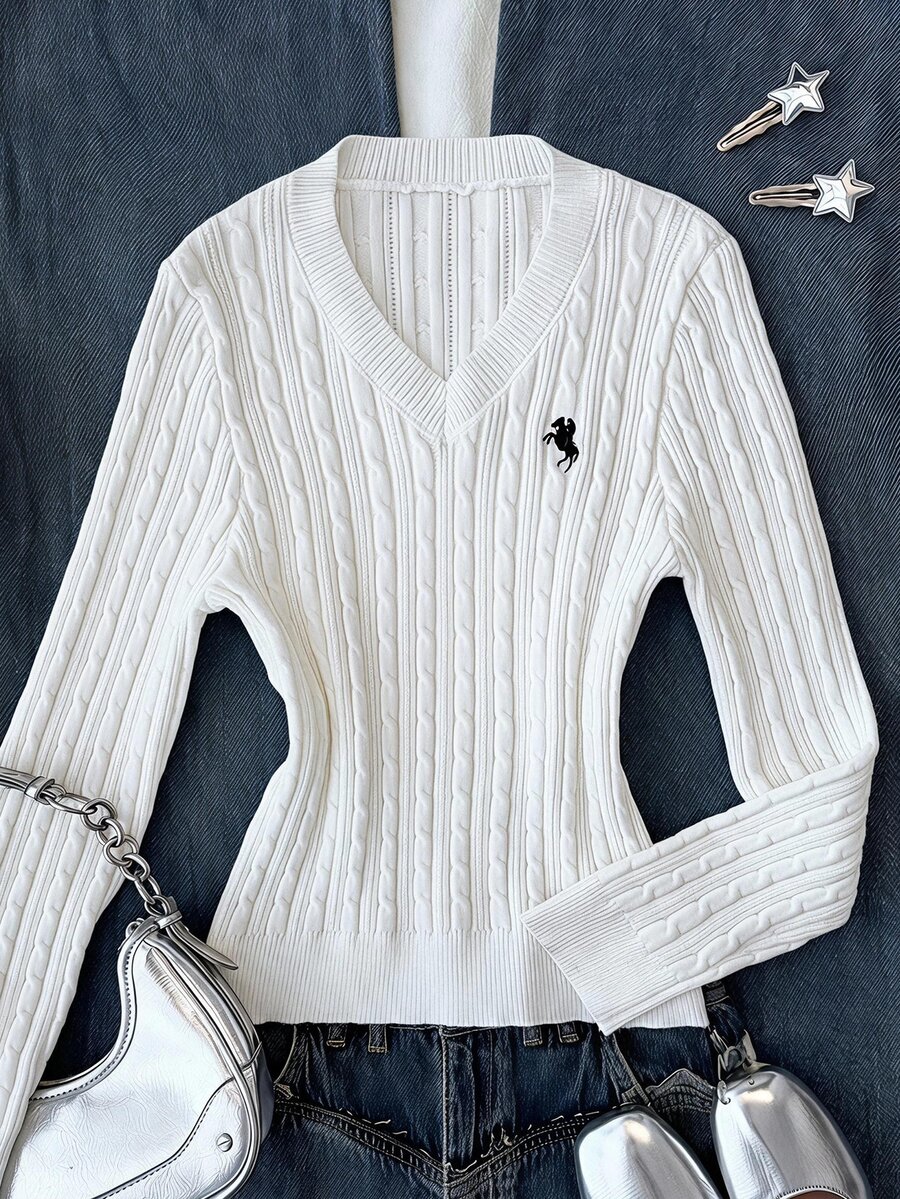 SHEIN Teen Girls Autumn/Winter New White Pony Pattern Embroidered V-Neck Slim Fit Cable Knit Sweater - White - View 1