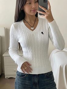 SHEIN 青少年女孩秋冬新款白色小馬圖案刺繡V領修身針織麻花毛衣 - 白色 - 查看 1