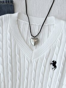 SHEIN 青少年女孩秋冬新款白色小馬圖案刺繡V領修身針織麻花毛衣 - 白色 - 查看 4