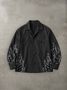 SUMWON Charcoal Oversized Short Sleeve Shirt With Flame Print Camp Collar Button Down Street Style Summer Festival Top - Dark Grey - View 2