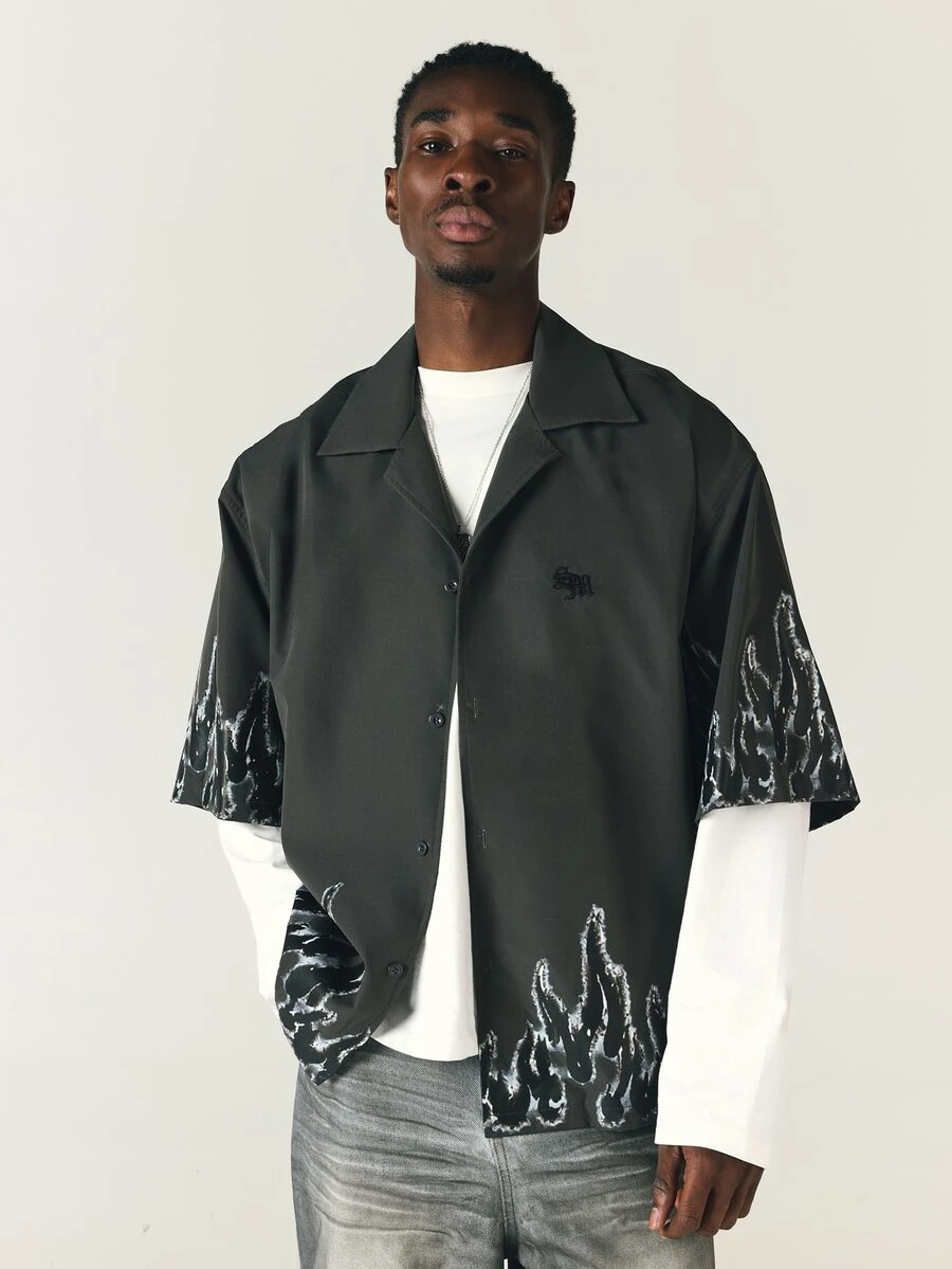 SUMWON Charcoal Oversized Short Sleeve Shirt With Flame Print Camp Collar Button Down Street Style Summer Festival Top - Dark Grey - View 1
