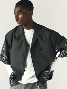 SUMWON Charcoal Oversized Short Sleeve Shirt With Flame Print Camp Collar Button Down Street Style Summer Festival Top - Dark Grey - View 7
