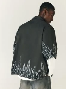 SUMWON Charcoal Oversized Short Sleeve Shirt With Flame Print Camp Collar Button Down Street Style Summer Festival Top - Dark Grey - View 4