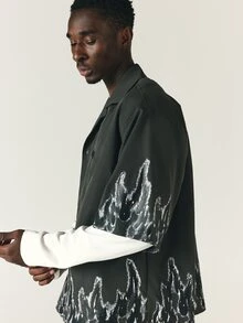 SUMWON Charcoal Oversized Short Sleeve Shirt With Flame Print Camp Collar Button Down Street Style Summer Festival Top - Dark Grey - View 6