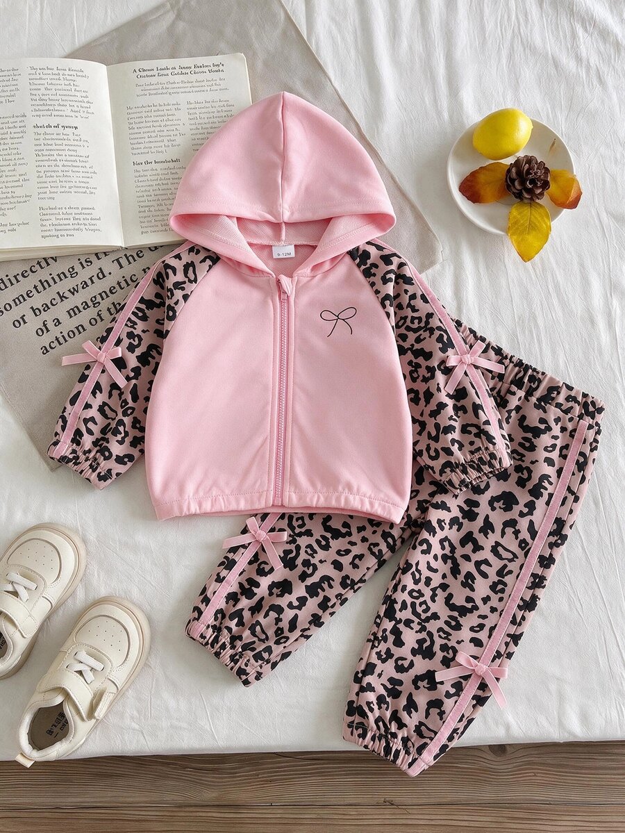 SHEIN Playful Pals 2件組幼兒女嬰連帽外套褲子套裝,可愛甜美粉紋蝴蝶結條紋長袖休閒款,生日秋季假期時尚運動風 - 粉色 - 查看 1