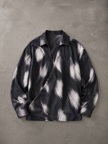 SUMWON Oversized Satin Shirt With Abstract Ikat Brushstroke Print Open V-Neck Long Sleeve Relaxed Fit Casual Top - Black - View 2