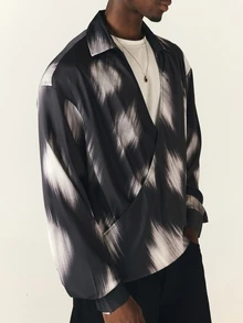 SUMWON Oversized Satin Shirt With Abstract Ikat Brushstroke Print Open V-Neck Long Sleeve Relaxed Fit Casual Top - Black - View 5