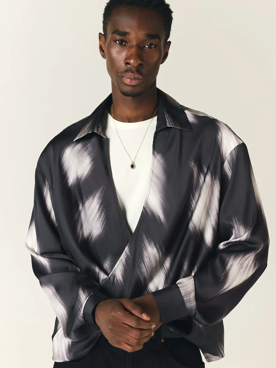 SUMWON Oversized Satin Shirt With Abstract Ikat Brushstroke Print Open V-Neck Long Sleeve Relaxed Fit Casual Top - Black - View 1