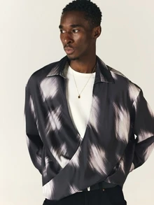 SUMWON Oversized Satin Shirt With Abstract Ikat Brushstroke Print Open V-Neck Long Sleeve Relaxed Fit Casual Top - Black - View 7