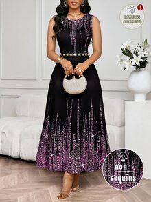 SHEIN Lady 女式闪亮印花圆领无袖优雅连衣裙 - 彩色 - 查看 1
