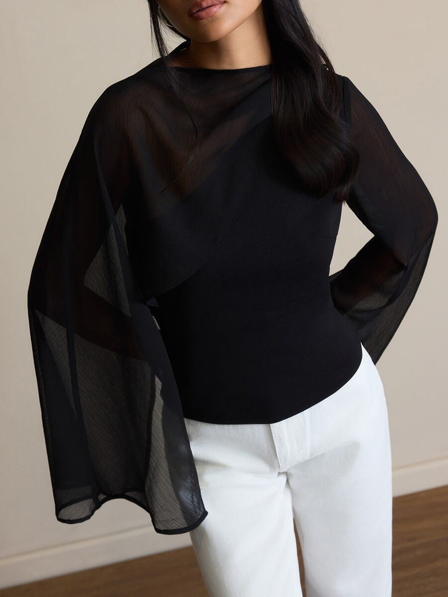 COSMINA Draped Collar Cloak Sleeve Top - Black - View 1