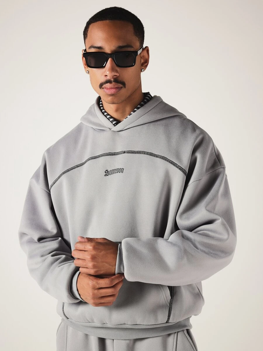SUMWON Oversized Hoodie With Contrast Seam Detailing Embroidered Logo Centre Pocket Ribbed Hem Pullover Fall Winter Streetwear - Grey - View 1