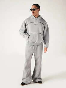 SUMWON Oversized Hoodie With Contrast Seam Detailing Embroidered Logo Centre Pocket Ribbed Hem Pullover Fall Winter Streetwear - Grey - View 3