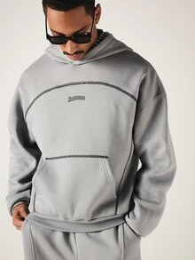 SUMWON Oversized Hoodie With Contrast Seam Detailing Embroidered Logo Centre Pocket Ribbed Hem Pullover Fall Winter Streetwear - Grey - View 5