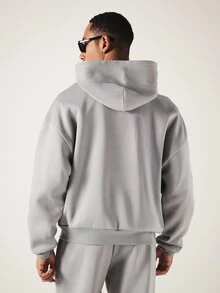 SUMWON Oversized Hoodie With Contrast Seam Detailing Embroidered Logo Centre Pocket Ribbed Hem Pullover Fall Winter Streetwear - Grey - View 4