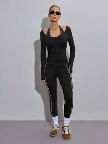 SHEIN ICON Top à manches longues moulant, col roulé, couleur unie, mode femme pour sortir, sport, athleisure, course, golf, printemps/été - Noir - Voir 5