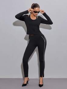 SHEIN ICON Top à manches longues moulant, col roulé, couleur unie, mode femme pour sortir, sport, athleisure, course, golf, printemps/été - Noir - Voir 4