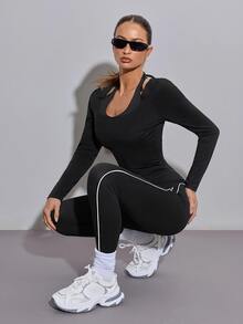 SHEIN ICON Top à manches longues moulant, col roulé, couleur unie, mode femme pour sortir, sport, athleisure, course, golf, printemps/été - Noir - Voir 6