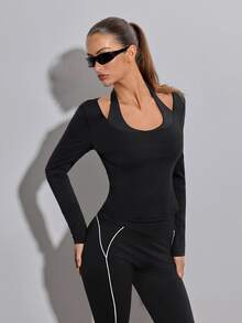 SHEIN ICON Top à manches longues moulant, col roulé, couleur unie, mode femme pour sortir, sport, athleisure, course, golf, printemps/été - Noir - Voir 3