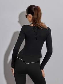 SHEIN ICON Top à manches longues moulant, col roulé, couleur unie, mode femme pour sortir, sport, athleisure, course, golf, printemps/été - Noir - Voir 2