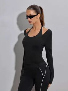 SHEIN ICON Top à manches longues moulant, col roulé, couleur unie, mode femme pour sortir, sport, athleisure, course, golf, printemps/été - Noir - Voir 7