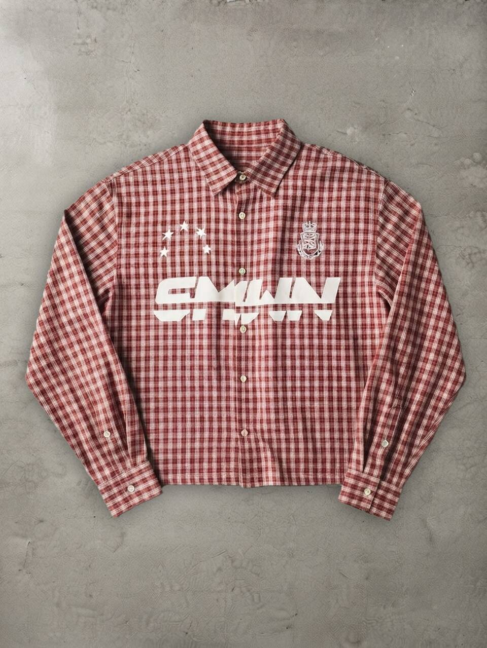 Mens Red White Gingham Checked Cropped Button-Down Shirt With Bold Front Logo Print And Embroidered Detail Long Sleeve Casual Summer Top