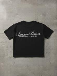 SUMWON Boxy Fit Blvd Script Logo Oversized Crew Neck Short Sleeve T-Shirt With Back Graphic Print - Black - View 2